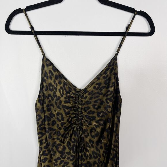 Zara XSmall XS Green Black Leopard Print Slip Mini Dress Cinched VNeck Animal - Picture 3 of 11